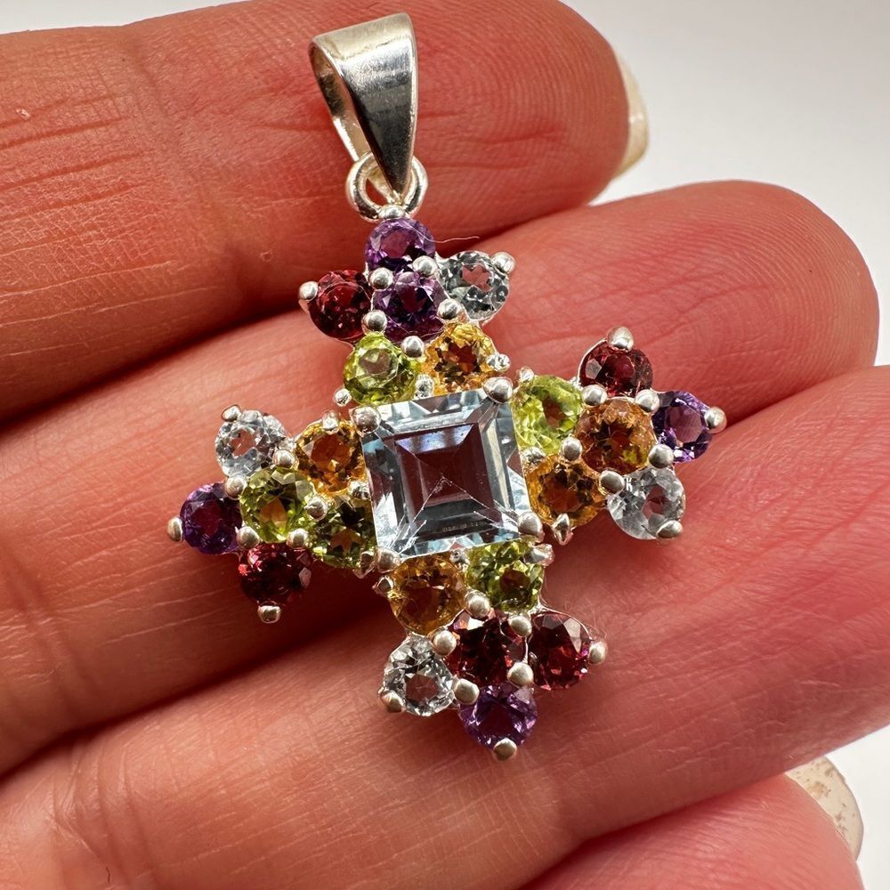 Stunning Multi-gemstone cross‎ pendant in stamped sterling silver!
